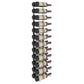 Wall-mounted wine rack loaded with bottles on dark metal hooks