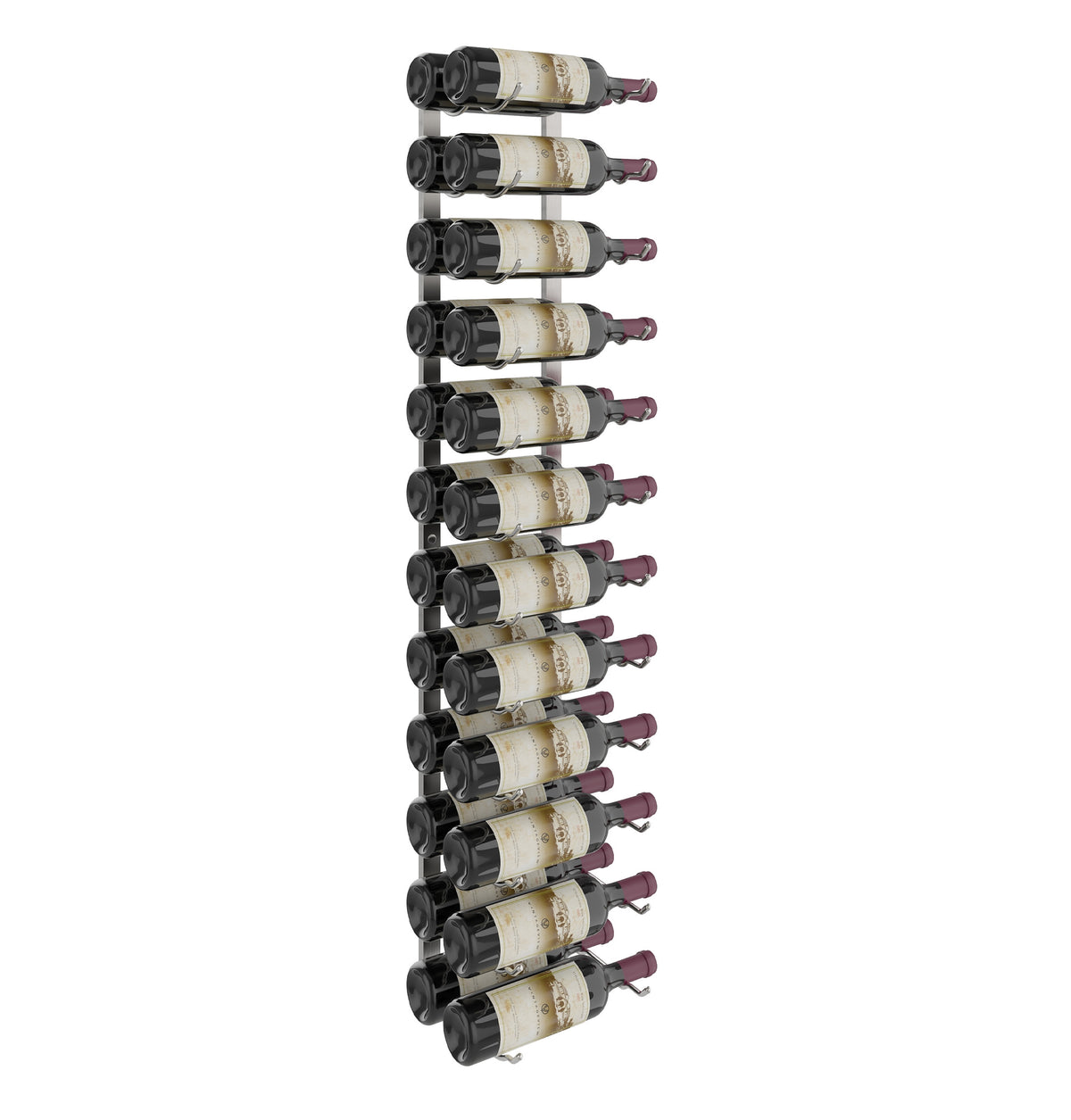 Wall-mounted wine rack loaded with bottles on dark metal hooks