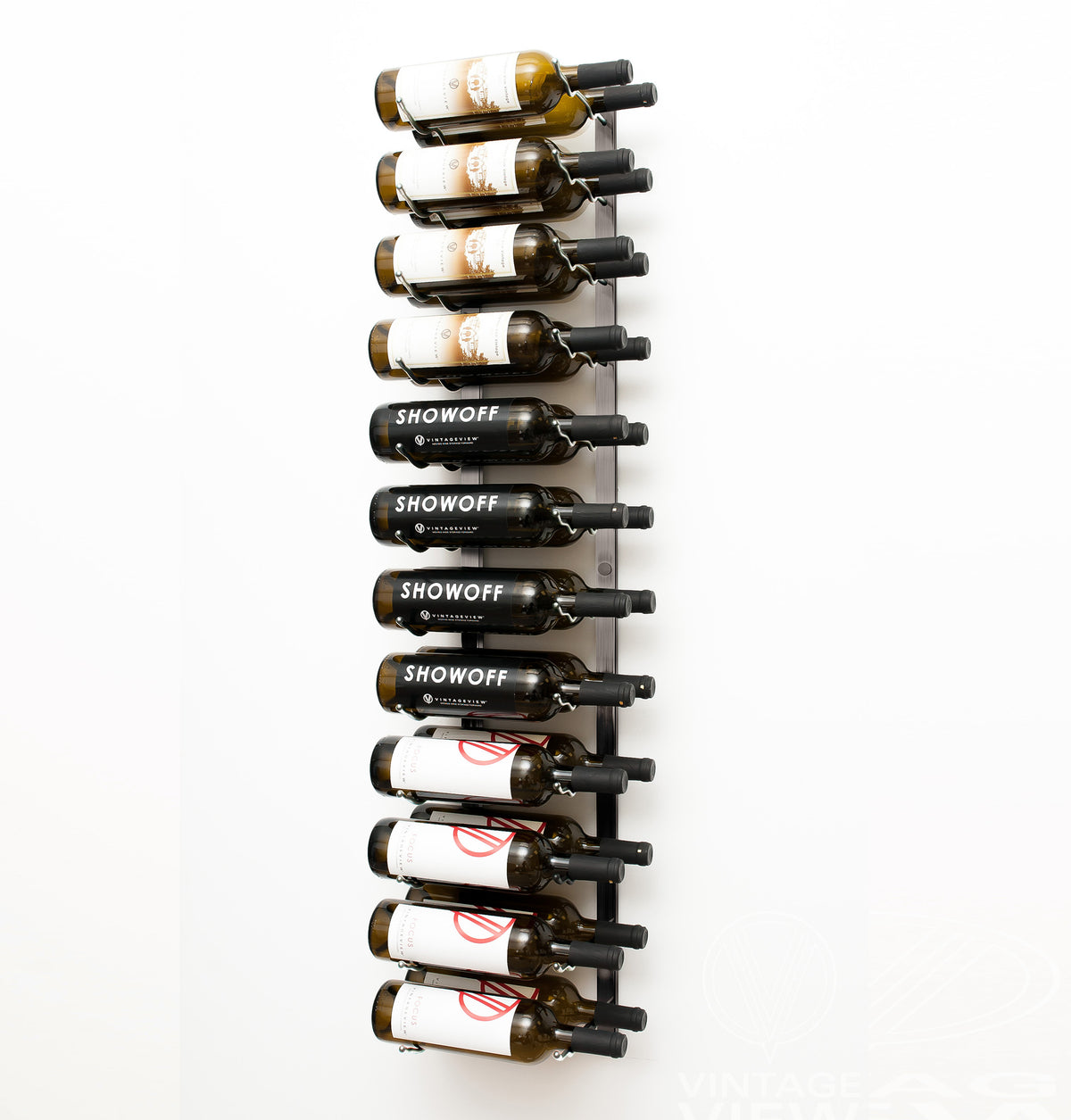 Wall-mounted wine rack with black bottle holders arranged in rows