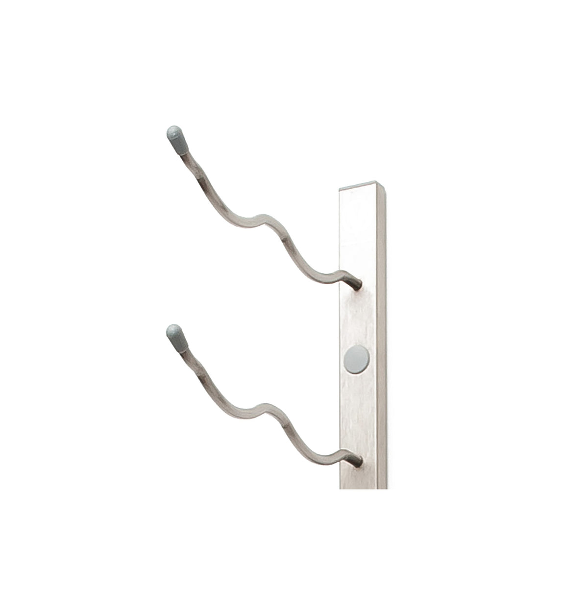 Wall-mounted wine rack bracket in brushed silver with two bottle hooks