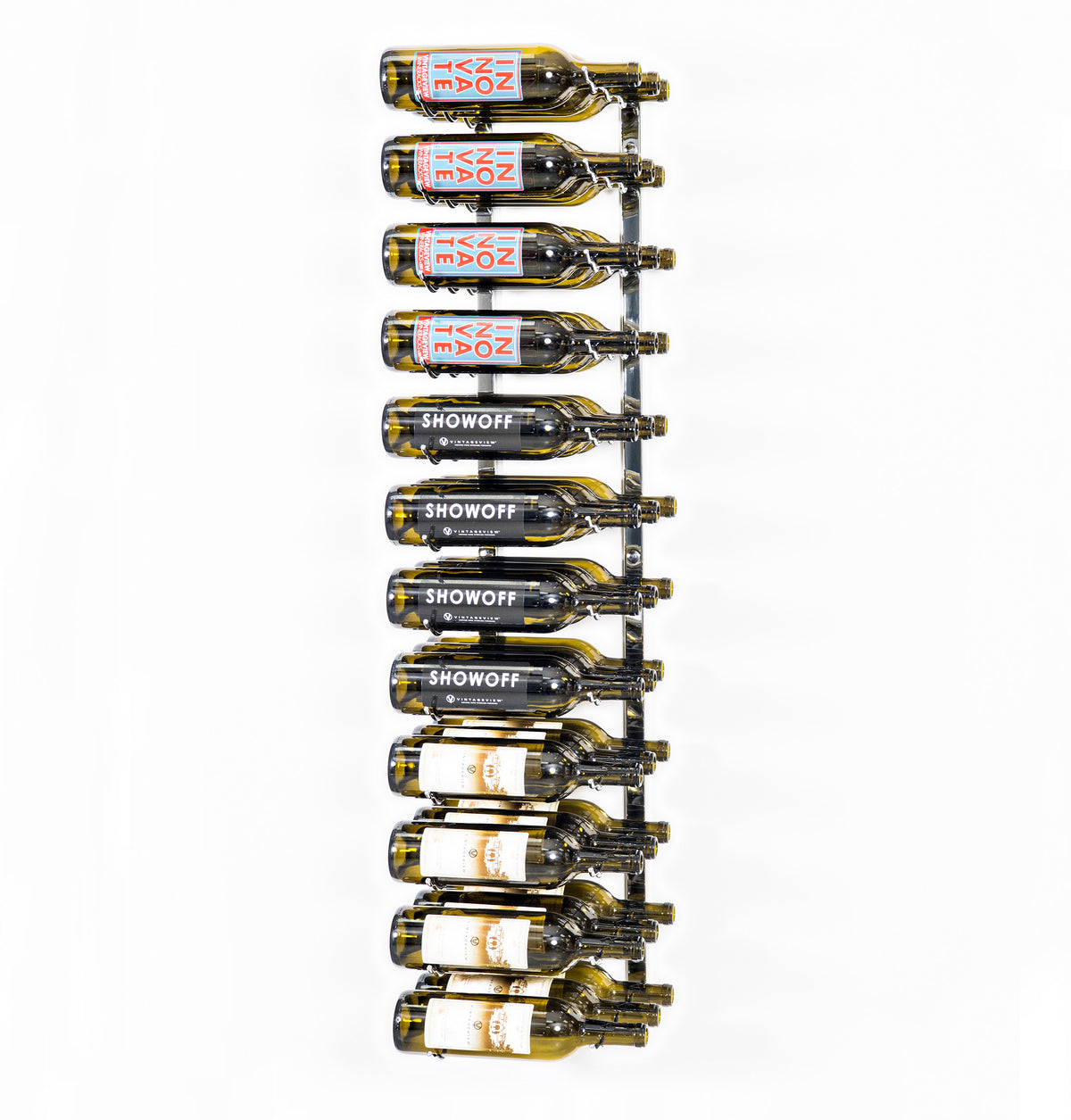 Wall-mounted wine rack holding bottles on black metal bottle hooks