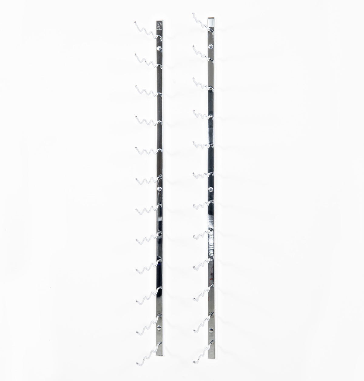 Wall-mounted wine rack with two vertical rails and curved bottle holders, empty