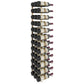Wall-mounted wine rack holding multiple wine bottles with black circular bottle rests