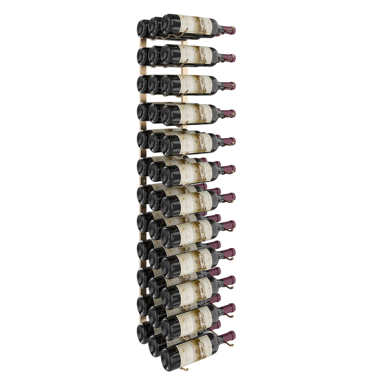 Wall-mounted wine rack holding multiple wine bottles with black circular bottle rests