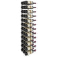 Wall-mounted wine rack with stacked wine bottles in curved neck cradles
