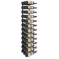 Wall-mounted wine rack filled with wine bottles supported by black bottle holders