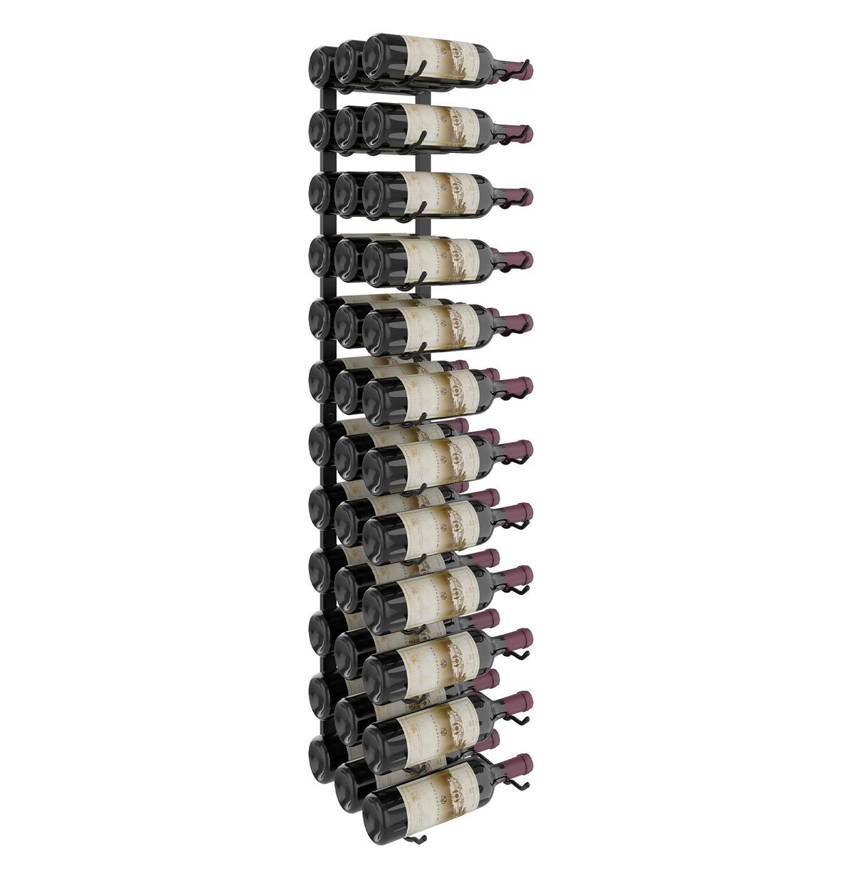 Wall-mounted wine rack filled with wine bottles supported by black bottle holders