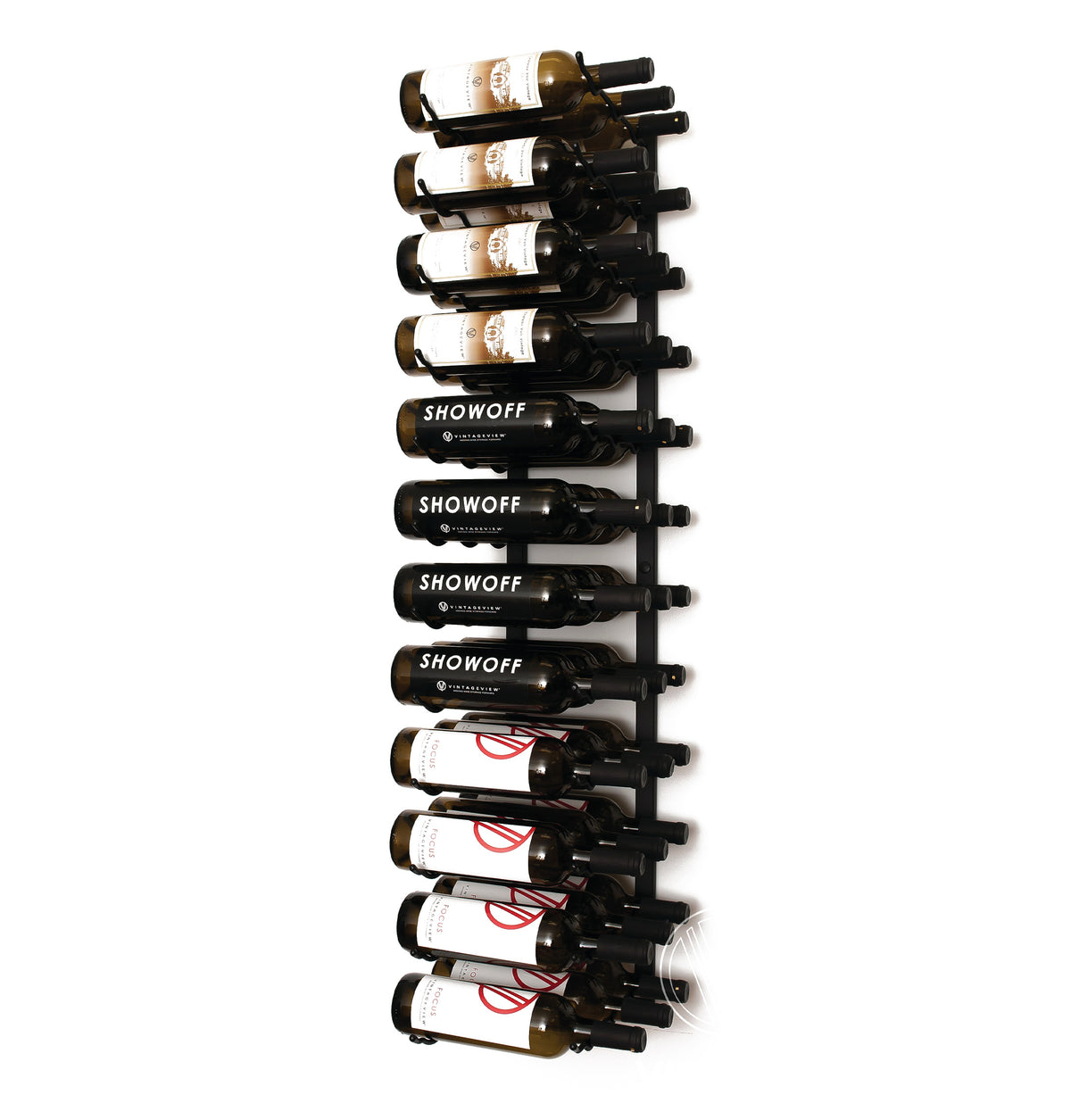 Wall-mounted wine rack with black finish holding wine bottles with dark bottle holders
