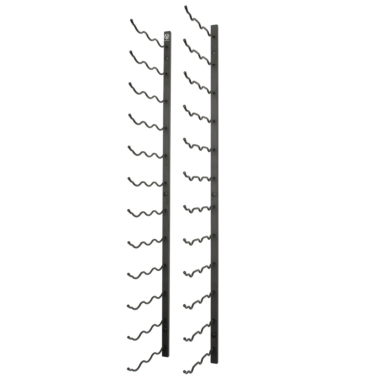 Wall-mounted wine rack with two dark vertical rails and curved bottle hooks, empty