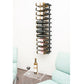 Wall-mounted wine rack holding many wine bottles on black curved bottle holders