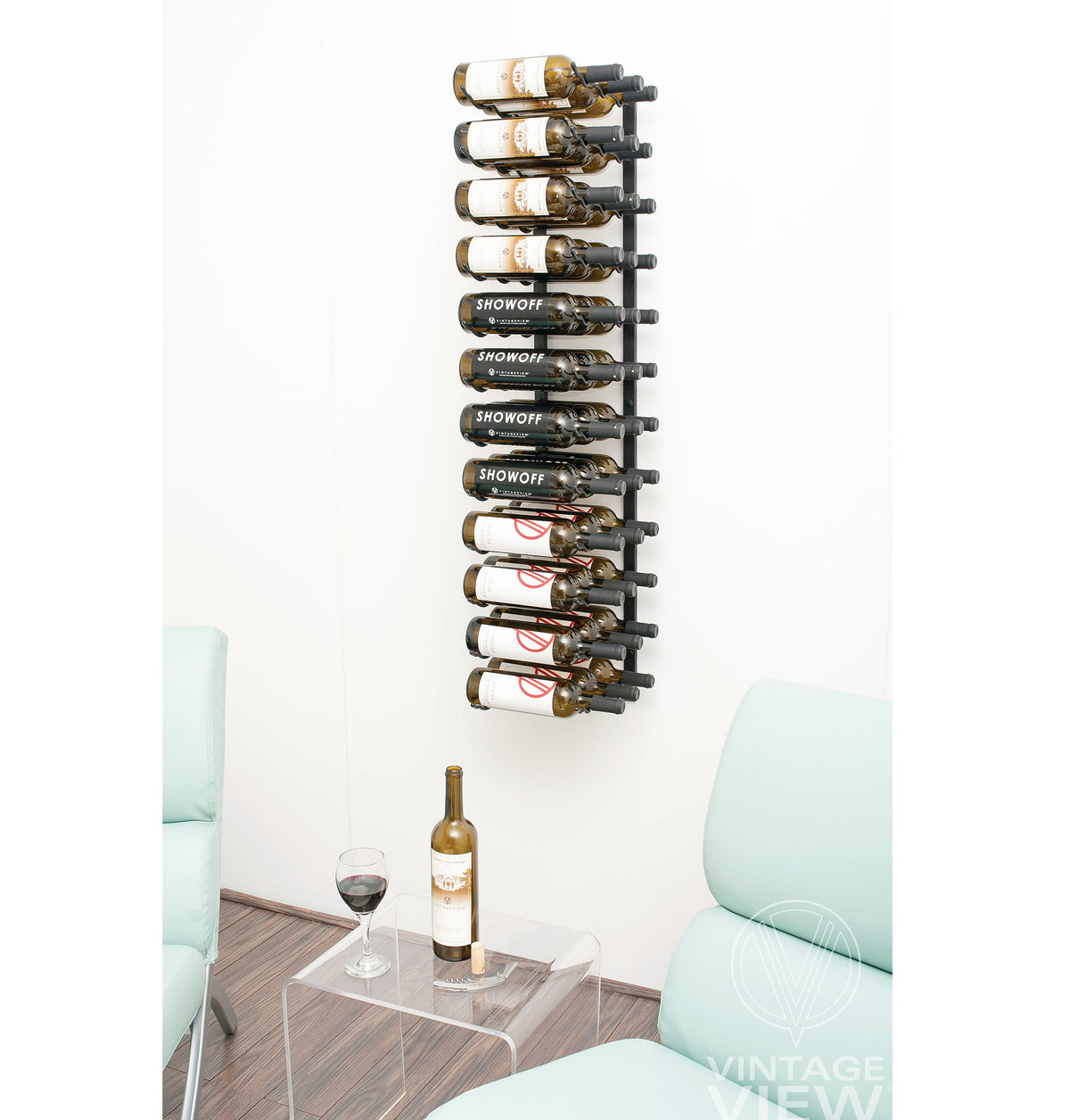 Wall-mounted wine rack holding many wine bottles on black curved bottle holders