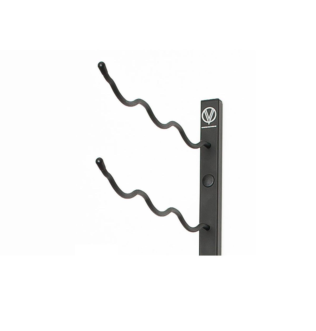 Wall-mounted wine rack bracket with three curved bottle hooks in matte black