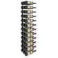 Wall-mounted wine rack holding stacked wine bottles on black circular bottle rests