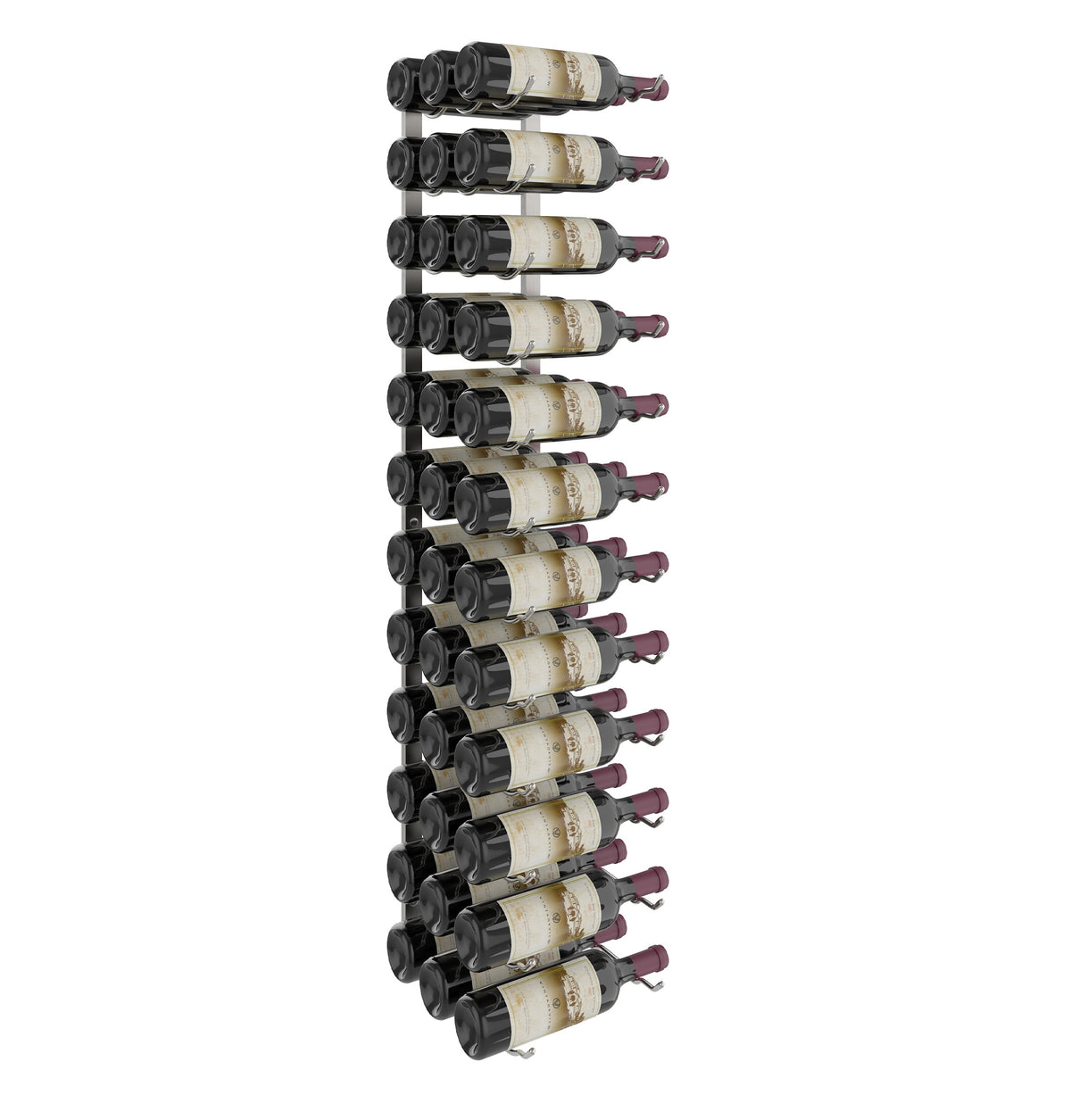 Wall-mounted wine rack holding stacked wine bottles on black circular bottle rests