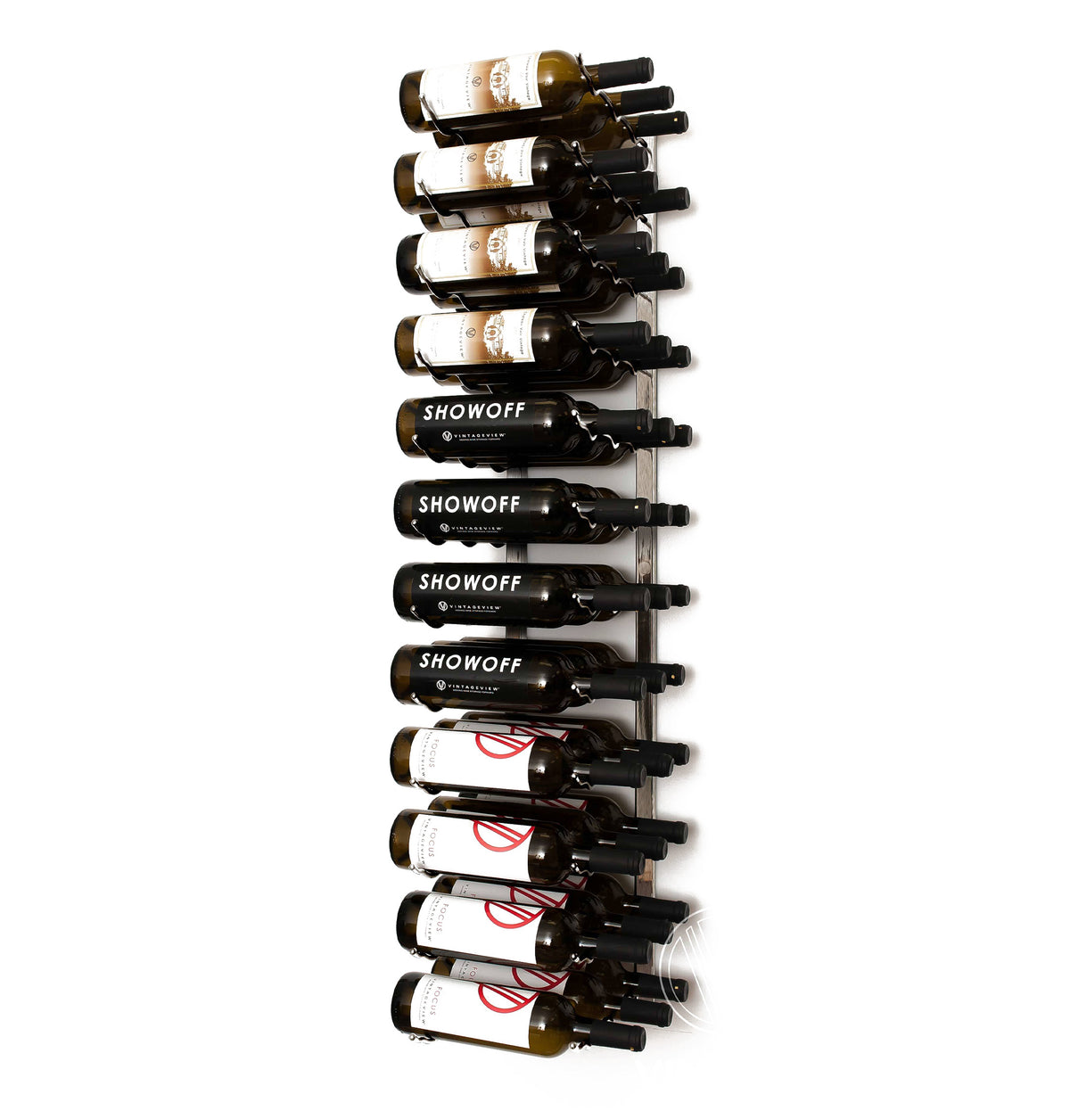 Wall-mounted wine rack with black finish holding multiple wine bottles, front view