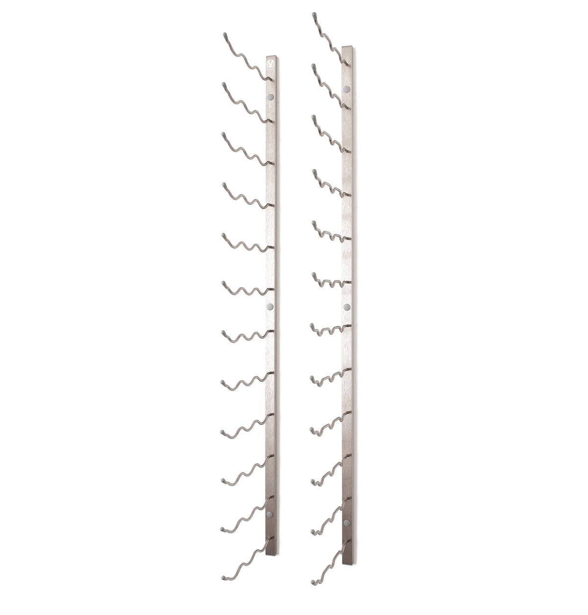 Wall-mounted wine rack with metal bottle holders, light finish bars