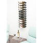 Wall-mounted wine rack with metal bottle holders holding assorted wine bottles