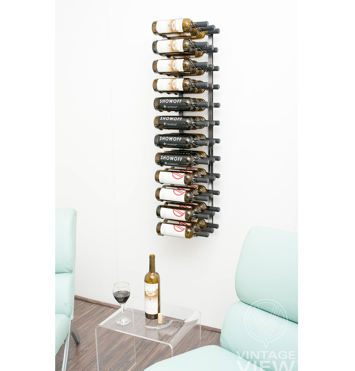 Wall-mounted wine rack with metal bottle holders holding assorted wine bottles