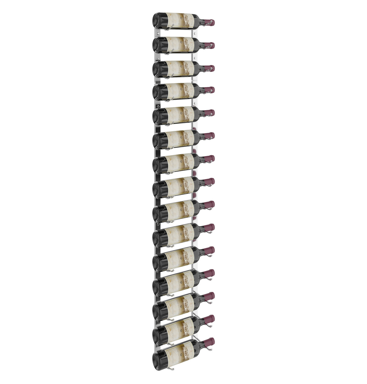 5-ft wall-mounted wine rack with matte black bottle holders, holding wine bottles