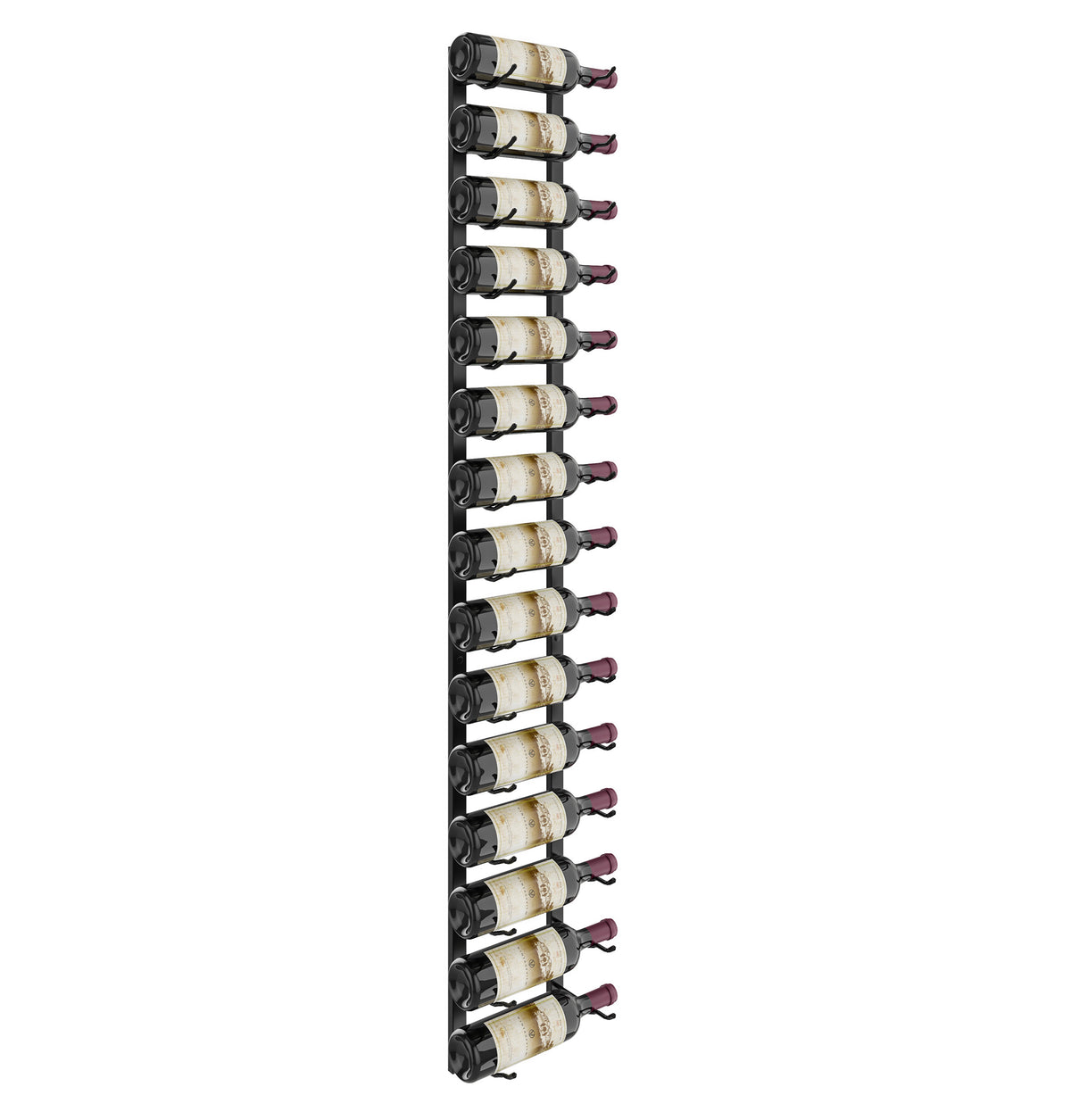 5-ft wall-mounted wine rack showing matte black bottle holders and wine bottles