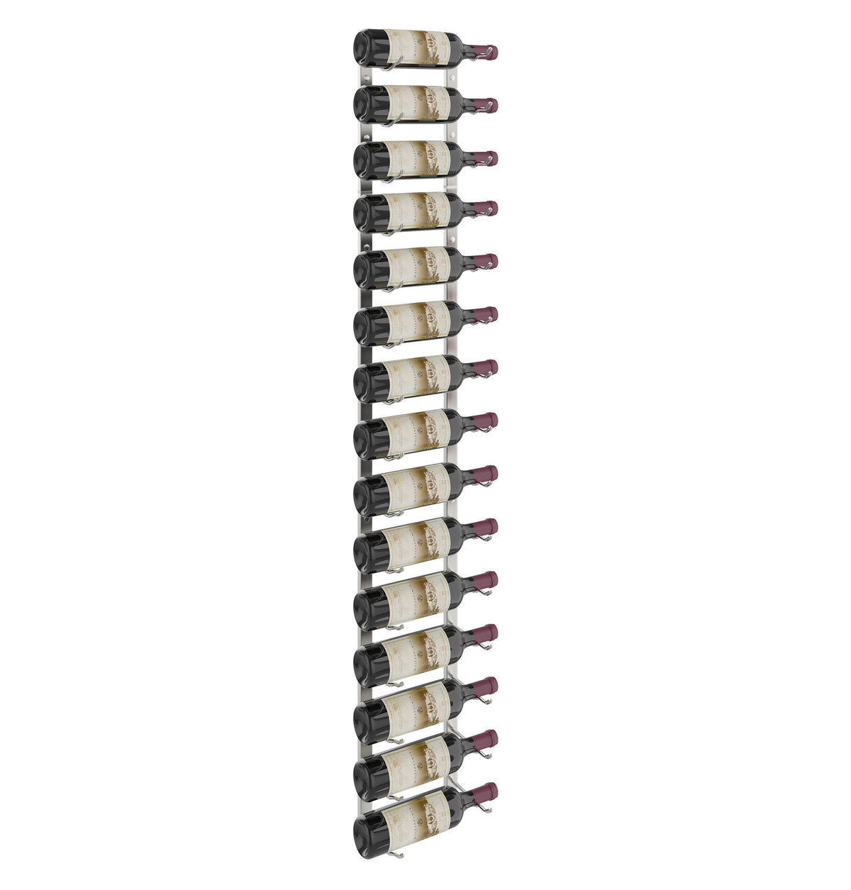 5-ft vertical wine rack with matte black holders, supporting a row of wine bottles