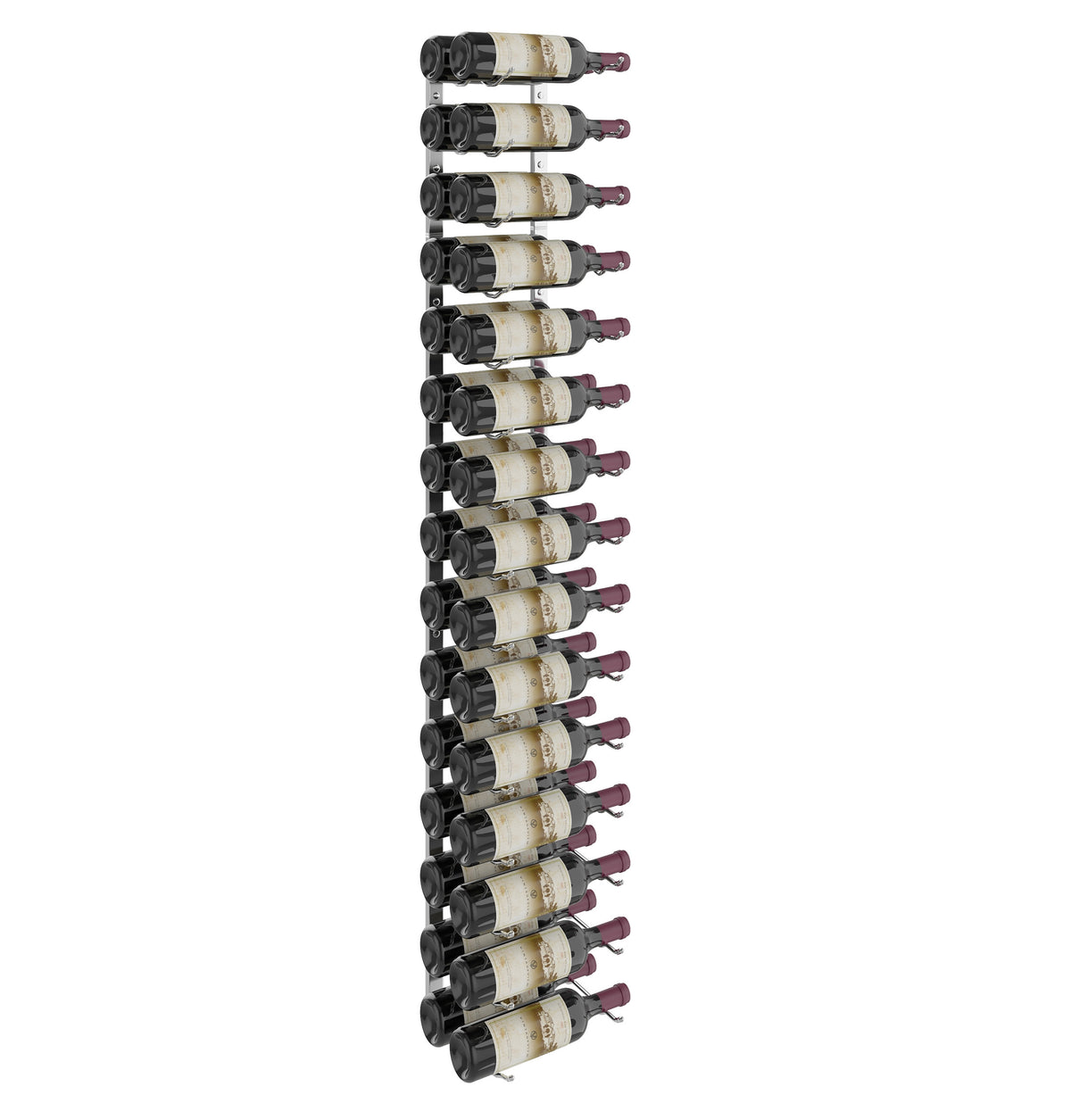 5-ft wall wine rack with matte black cradle-style bottle holders and wine bottles