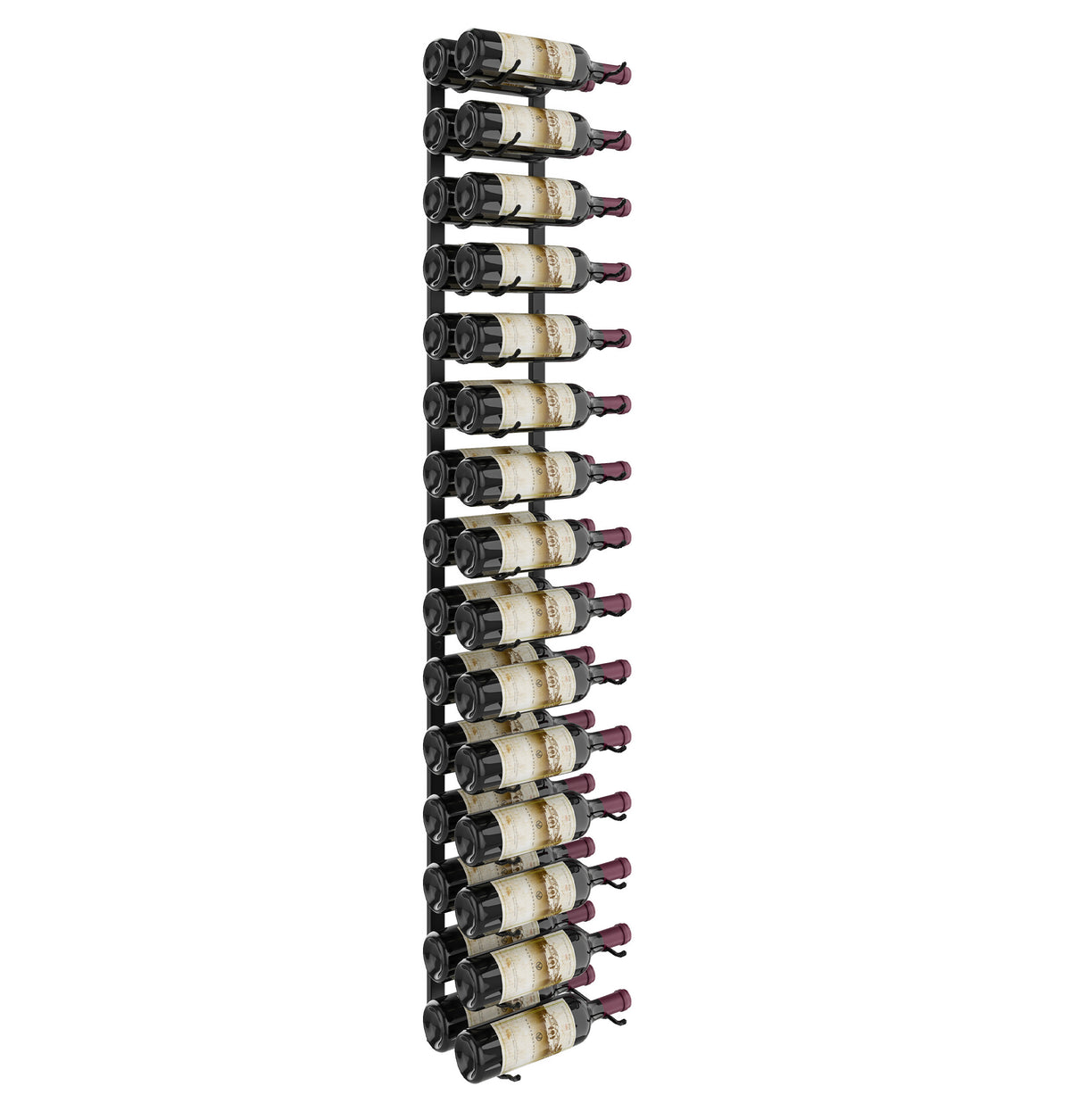 5-ft wall-mounted wine rack with matte black holders, displaying wine bottles