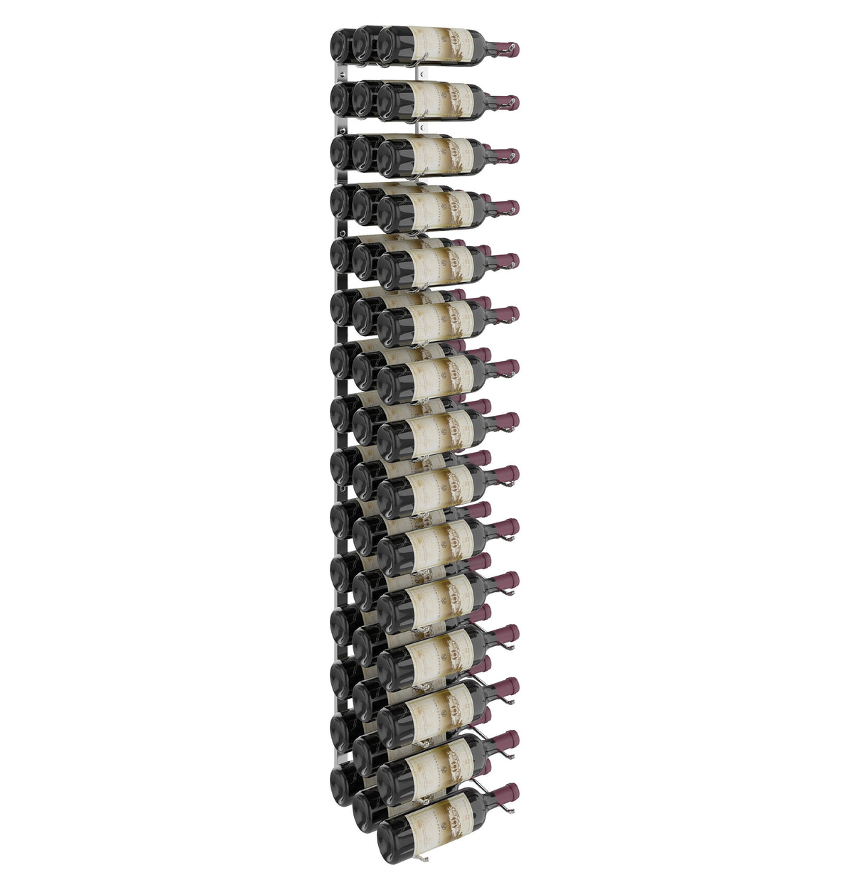 5-ft wall-mounted wine rack with black metal bottle holders, holds multiple bottles