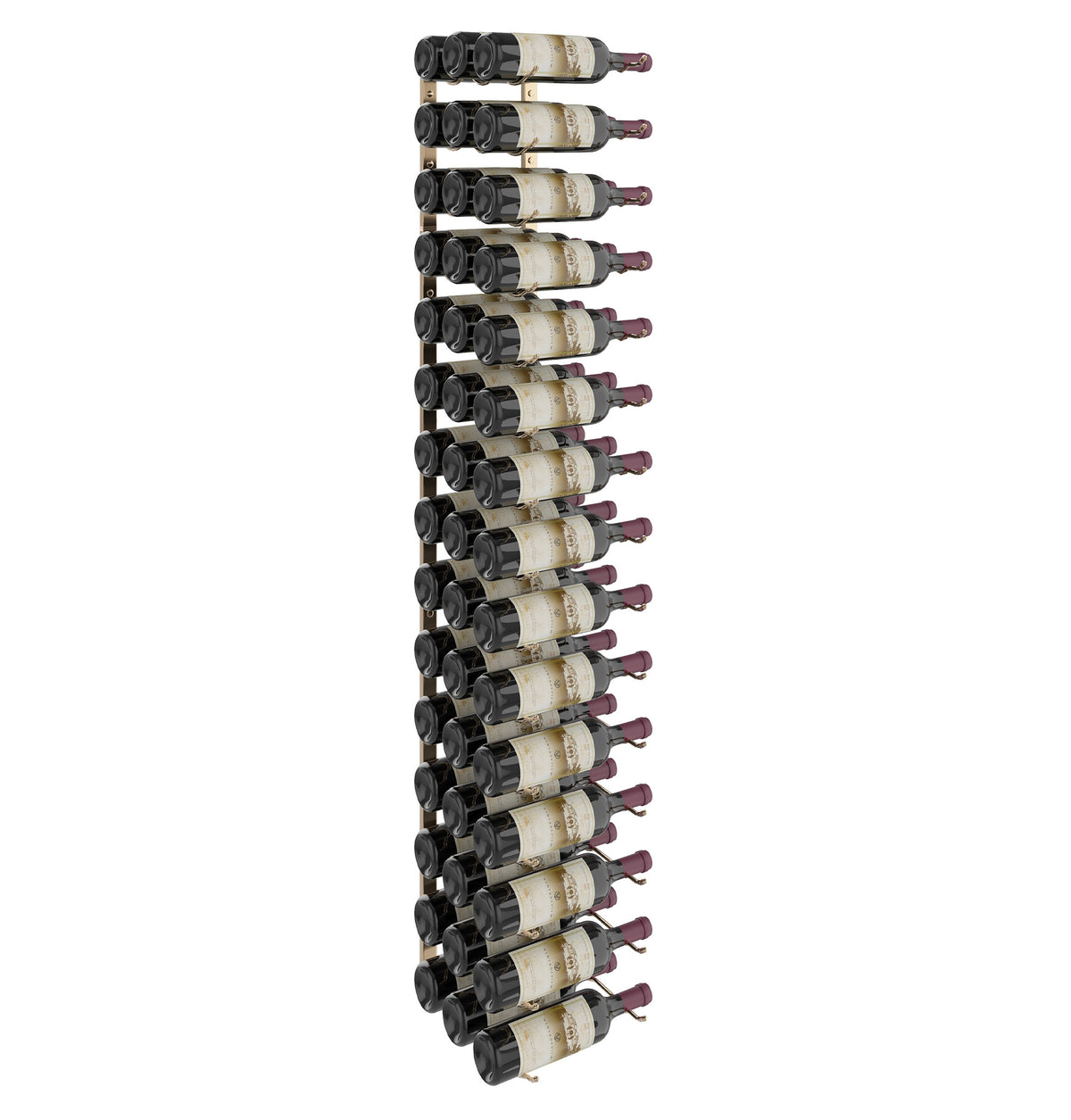 Tall wall wine rack with black metal bottle holders, holds multiple wine bottles