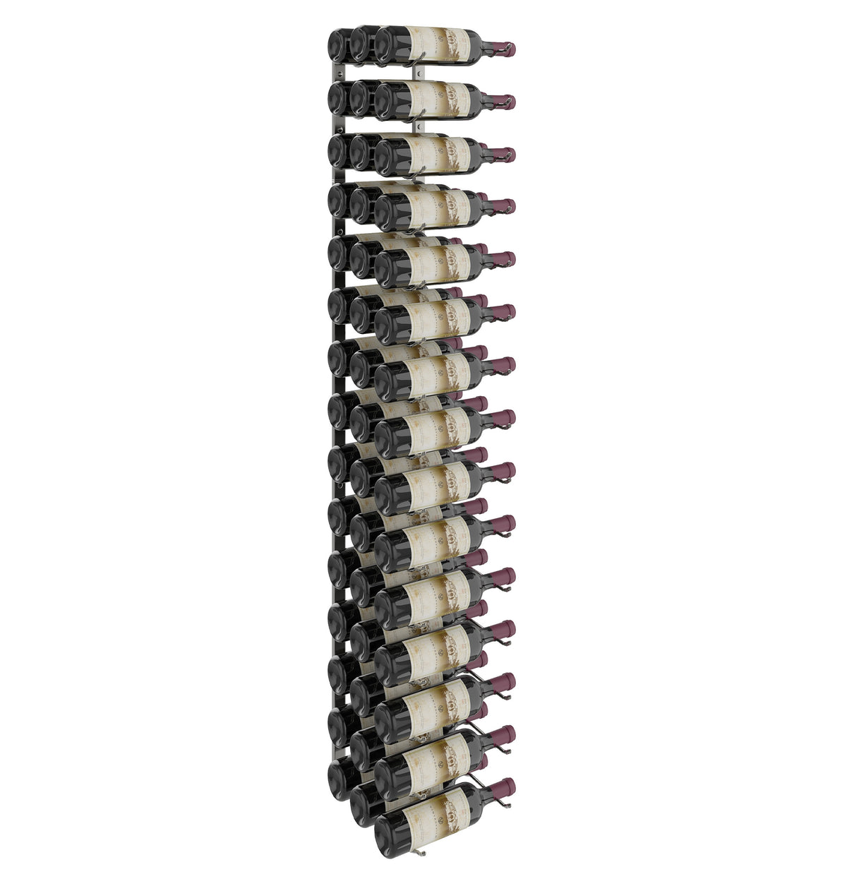 Slim vertical wall-mounted wine rack with black bottle holders, holds multiple bottles
