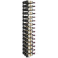 Wall-mounted wine rack with black metal bottle holders and capped wine bottles
