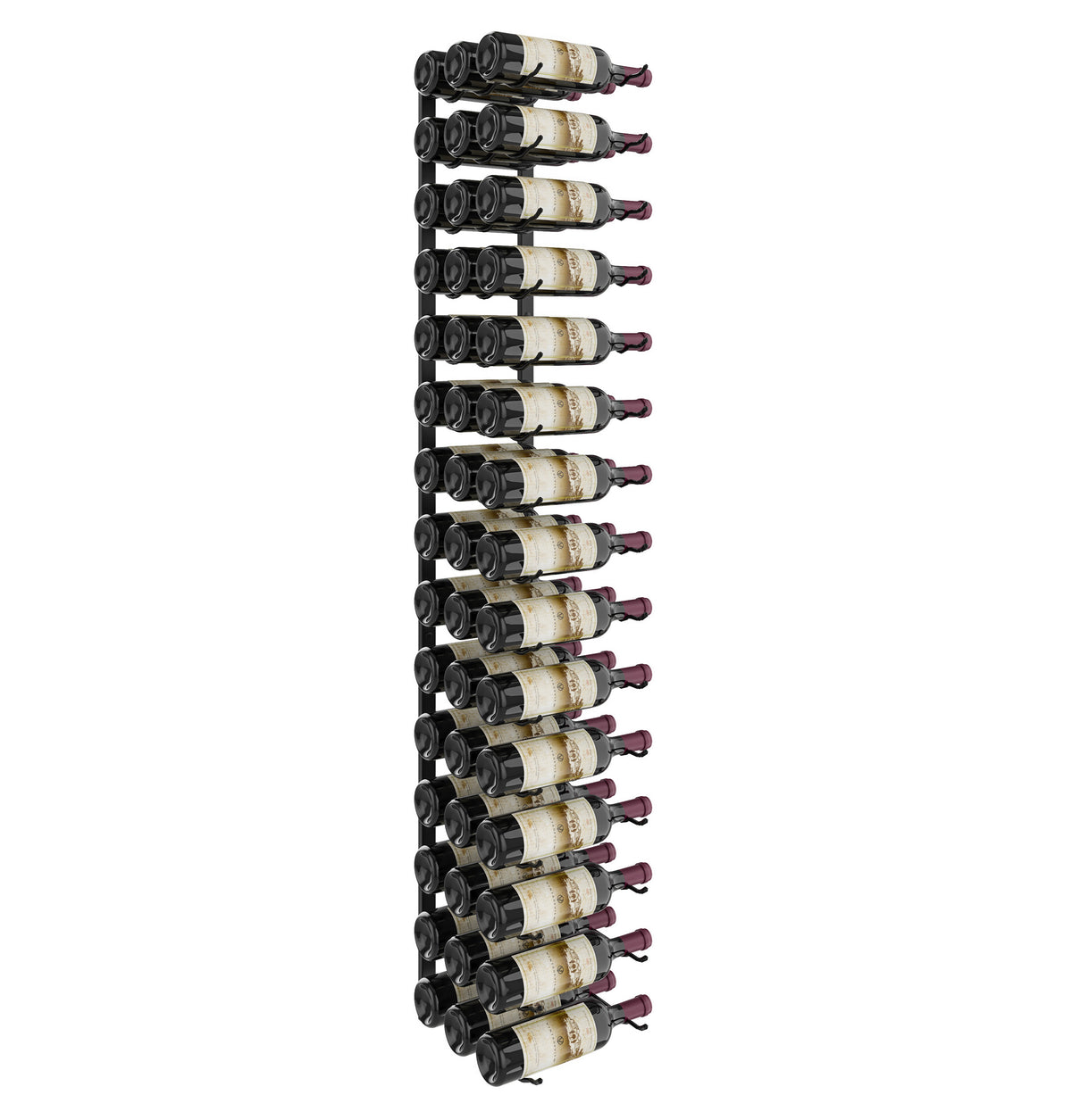 Wall-mounted wine rack with black metal bottle holders and capped wine bottles