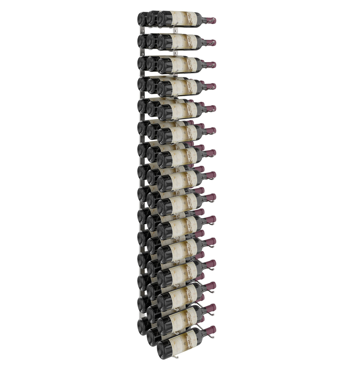 Vertical wall wine rack with black metal bottle holders, shown full of bottles