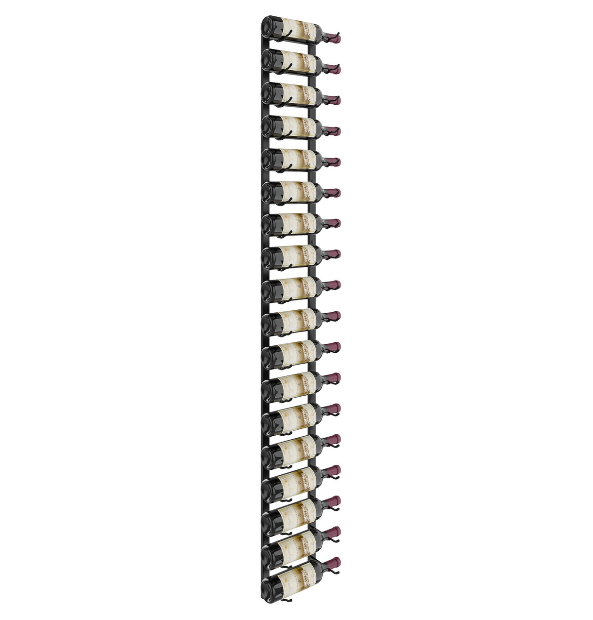 6-foot wall wine rack with matte black frame, end view showing bottle-holder rails