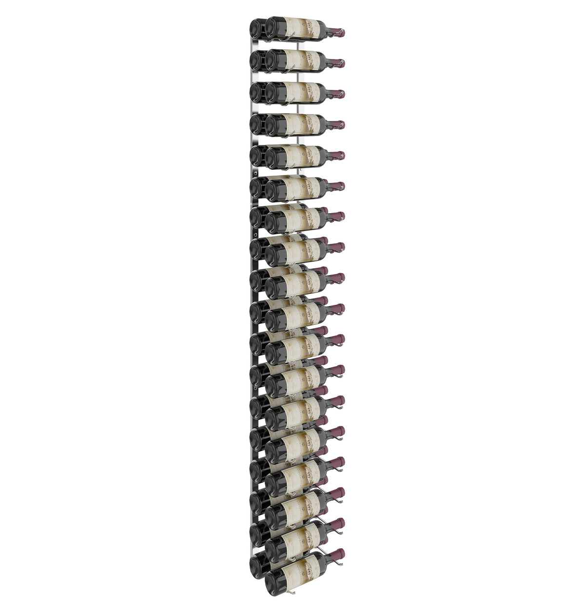 6-foot wall wine rack with matte black metal frame, angled view of bottle holders
