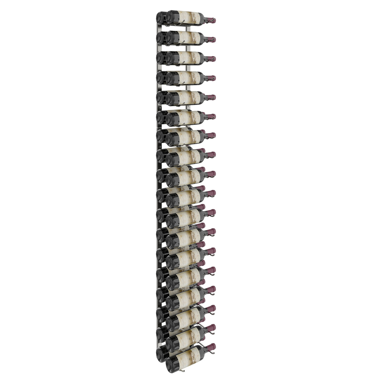 6-foot wall wine rack with matte black metal backing, showing depth of bottle holders