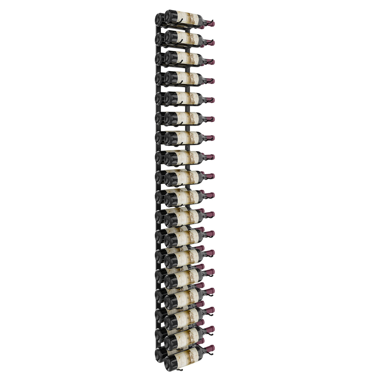 6-foot wall wine rack with matte black metal frame and neatly arranged wine bottles