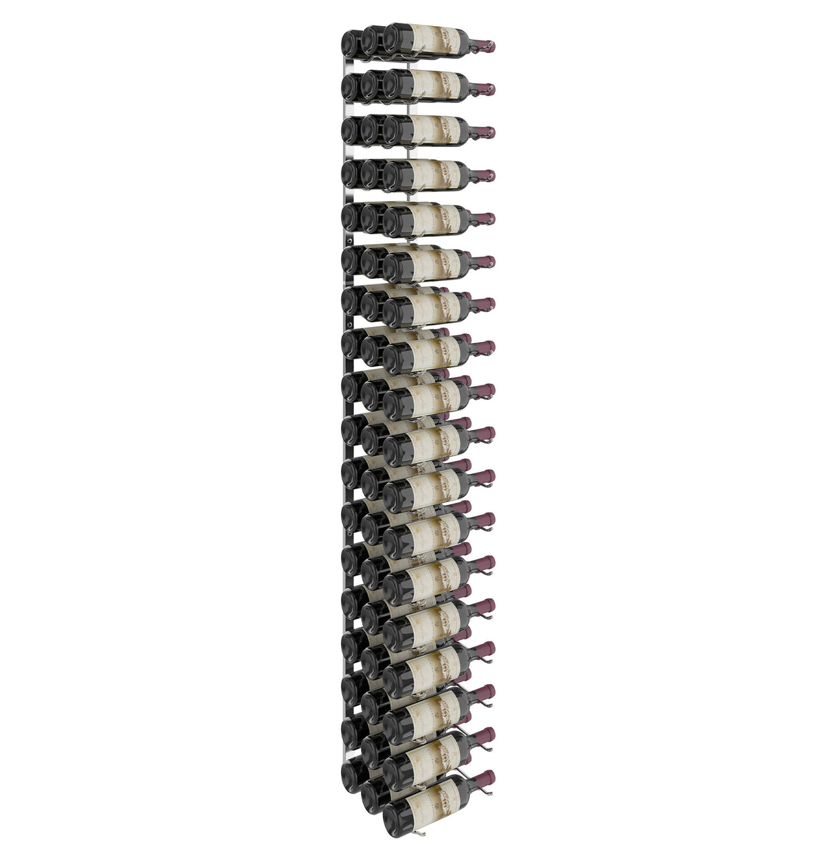 Wall-mounted wine rack holding multiple wine bottles in angled black metal holders