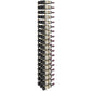Tall wall-mounted wine rack with rows of wine bottles in black metal cradles