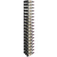 Wall-mounted wine rack with black metal holders and wine bottles lined in rows