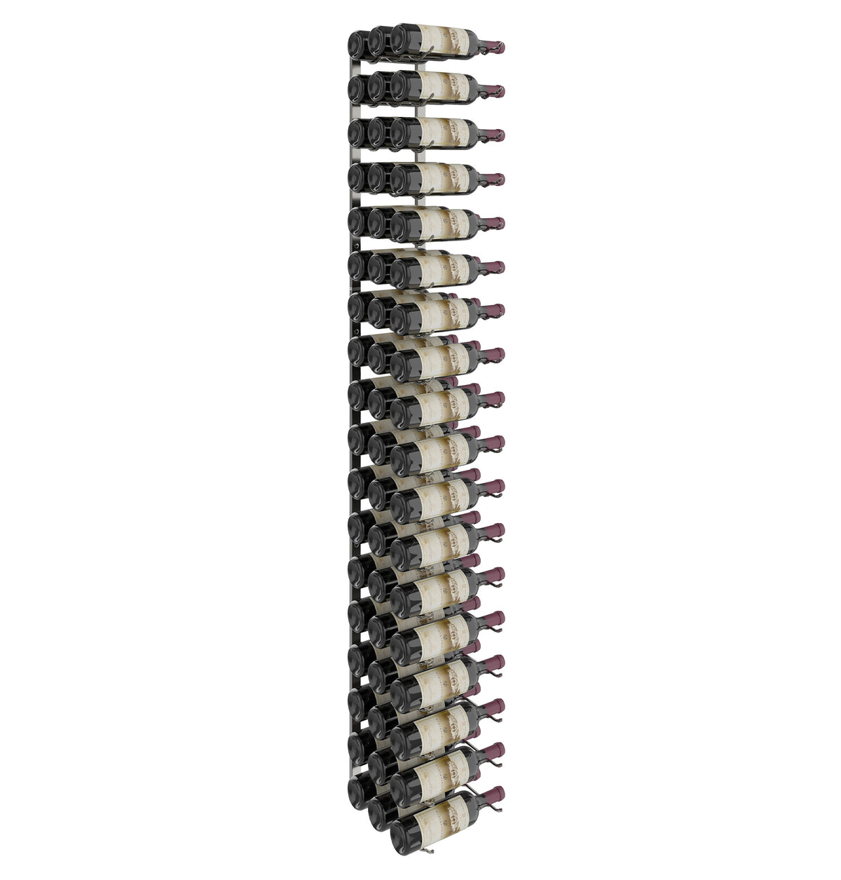 Wall-mounted wine rack with black metal holders and wine bottles lined in rows