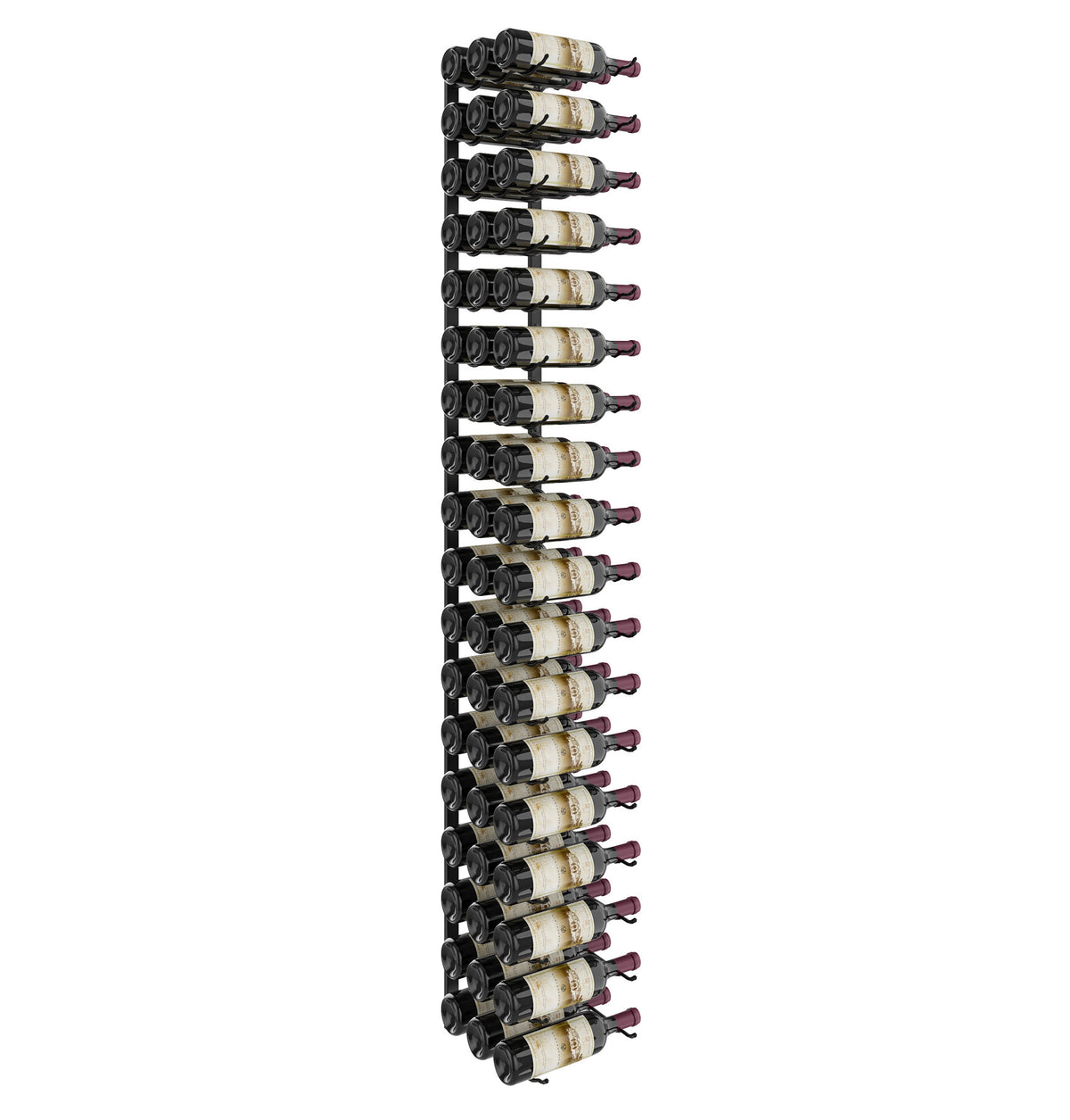 Wall-mounted wine rack with black metal bottle holders and bottles arranged upright