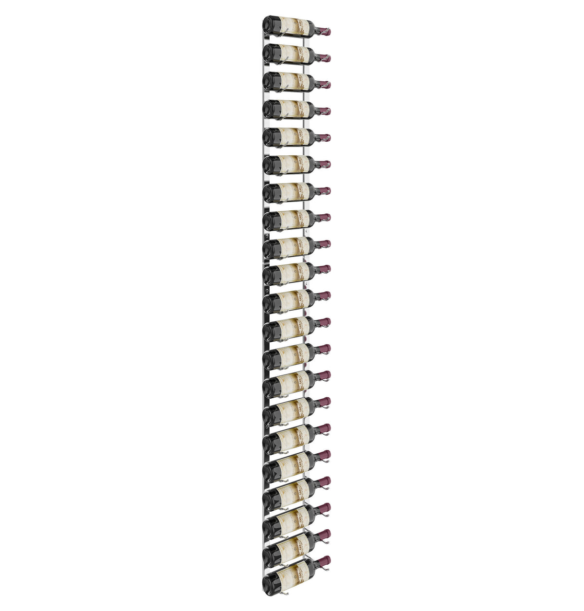 Tall black wall-mounted wine rack with multiple wine bottles stored horizontally
