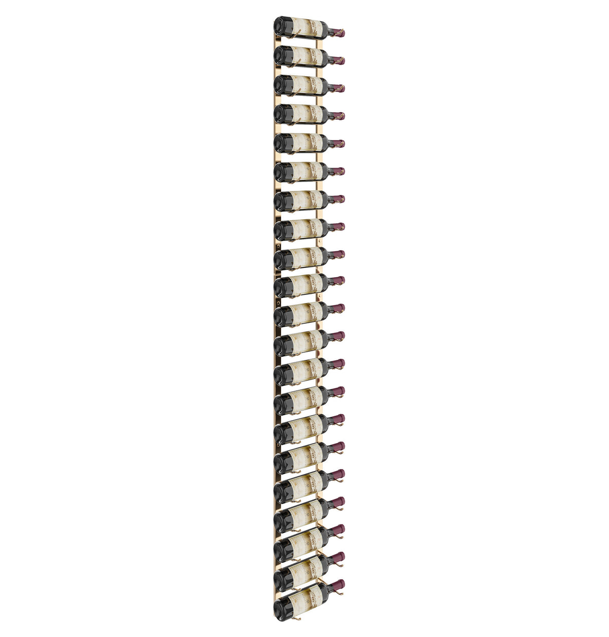 Black wall wine rack with rows of wine bottles, angled view