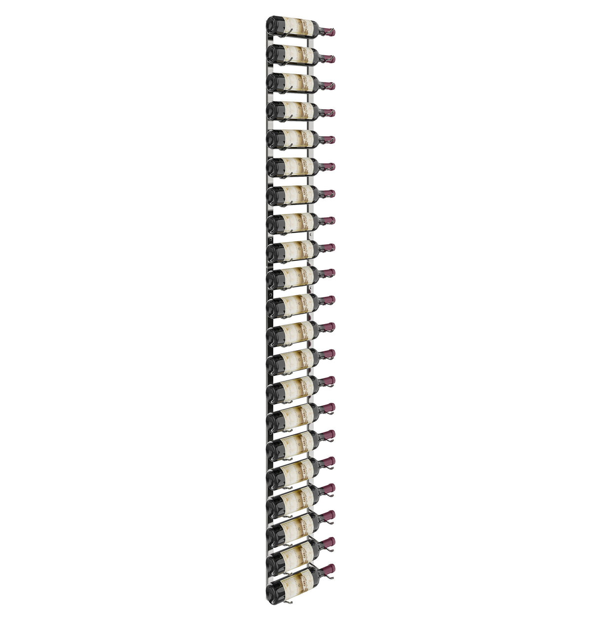 Wall-mounted wine rack in black with neatly arranged wine bottles