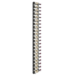 Black vertical wine rack holding multiple wine bottles in fixed rows