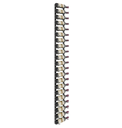 Black vertical wine rack holding multiple wine bottles in fixed rows