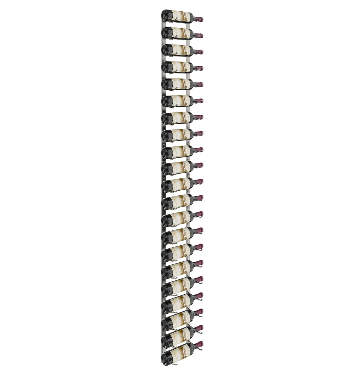 Tall black wall wine rack with wine bottles secured in individual slots