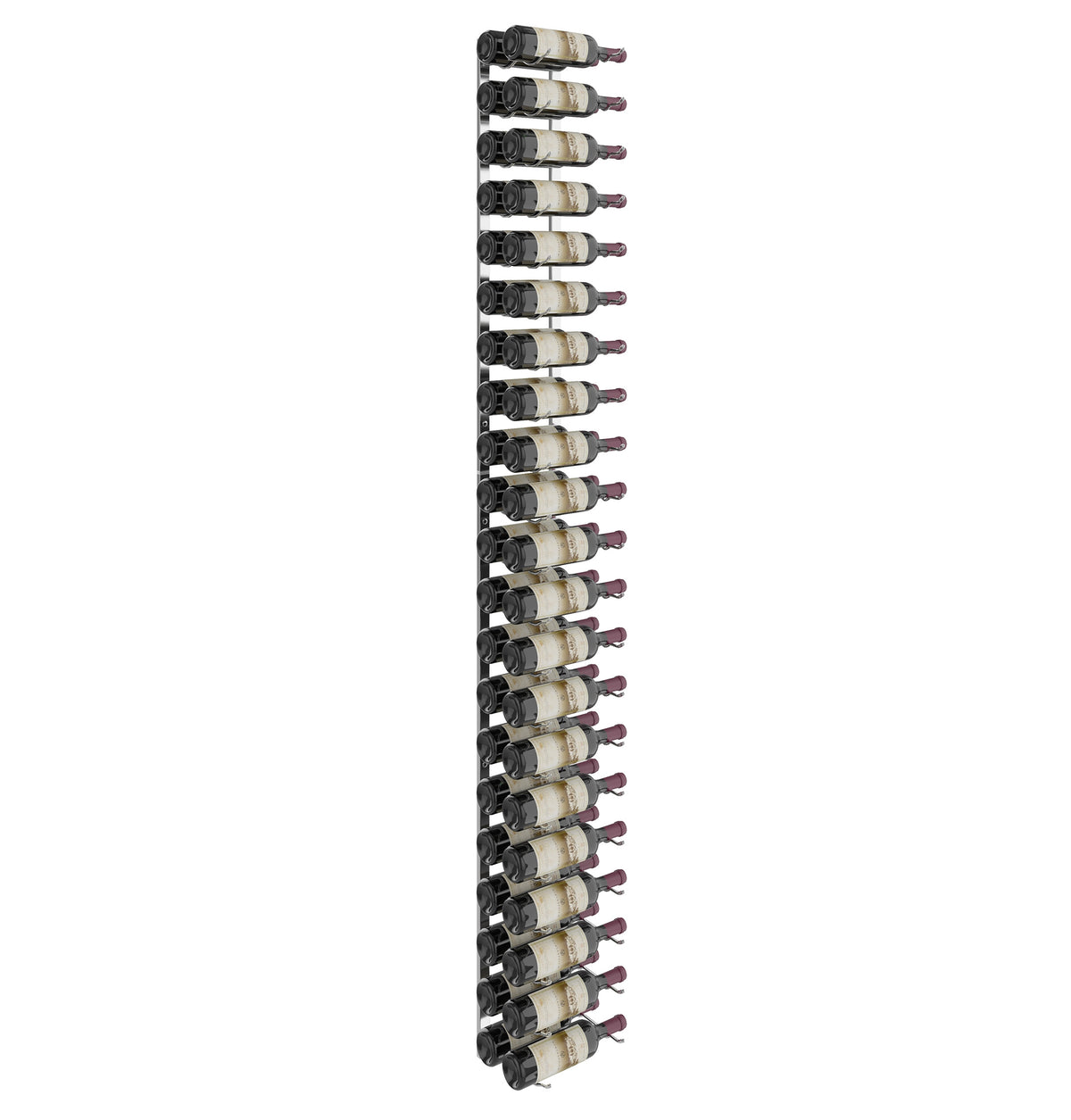 Black wall-mounted wine rack with wine bottles placed in parallel rows