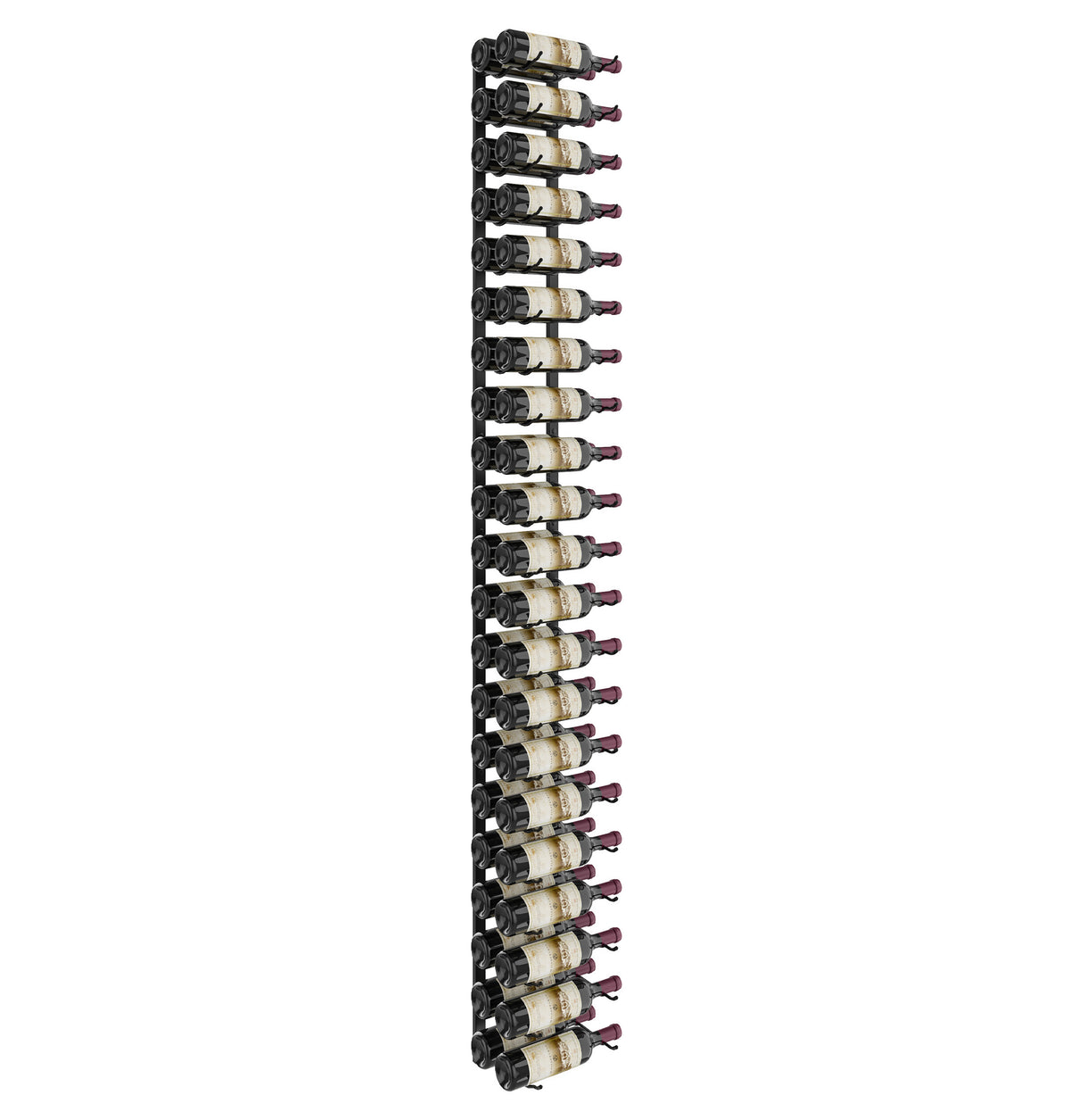 Black wall wine rack with many wine bottles in evenly spaced holders